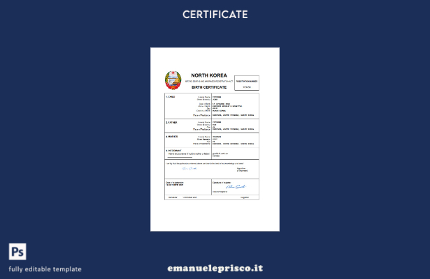 certificato di nascita della Corea del Nord in stile verificato modello Word e P